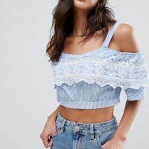 River Island Chambray Broderie Detail Cold Shoulder Bralette Blue broderie UK 8